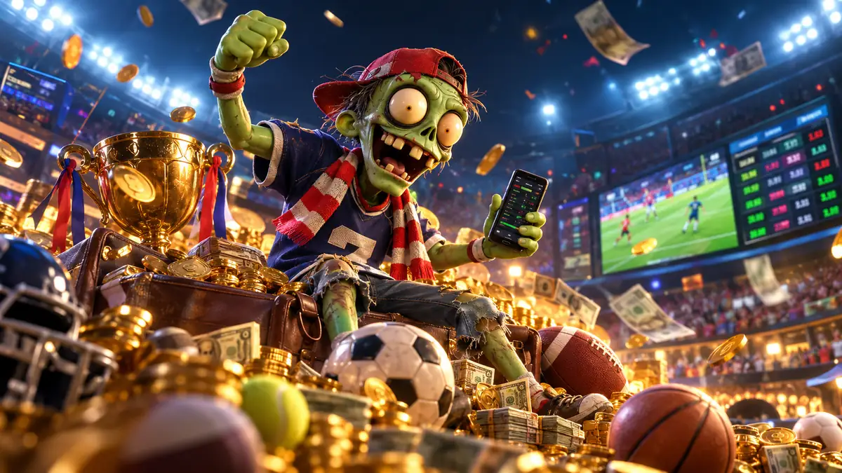 Zombillion zombie fan using a mobile phone in a stadium