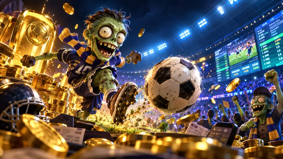 Zombillion zombie footballer kicking a ball in a stadium