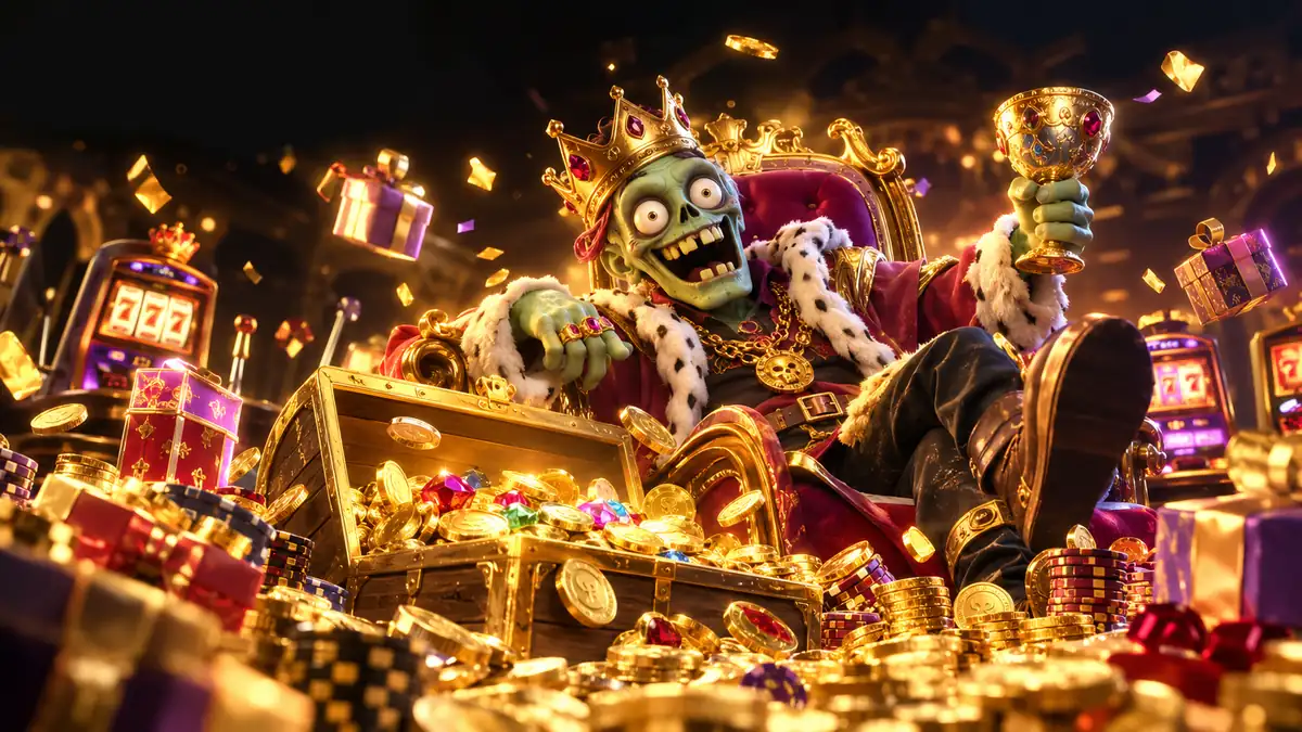 Zombillion zombie king raising a golden cup beside a treasure chest