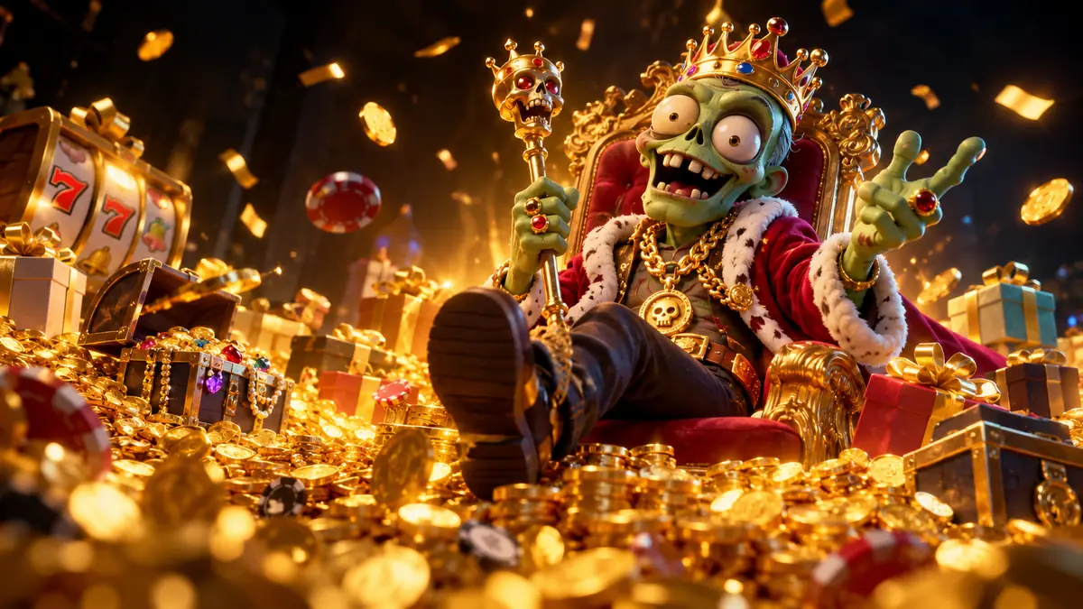 Zombillion zombie king with gift boxes and gold coins