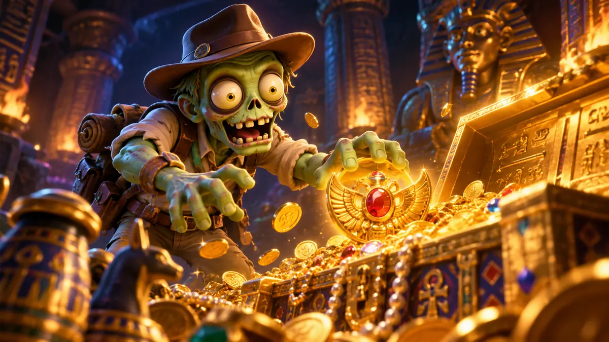 Zombillion zombie explorer reaching into a treasure chest