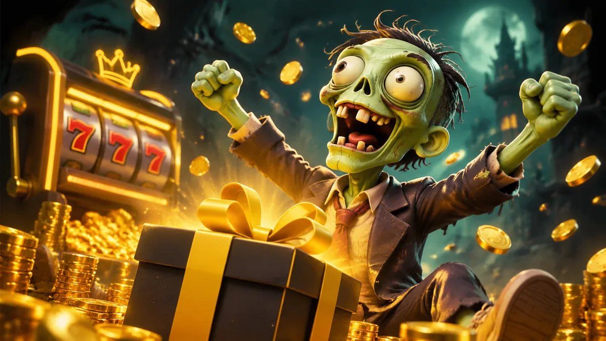 Zombillion zombie opening a golden gift box next to a slot machine