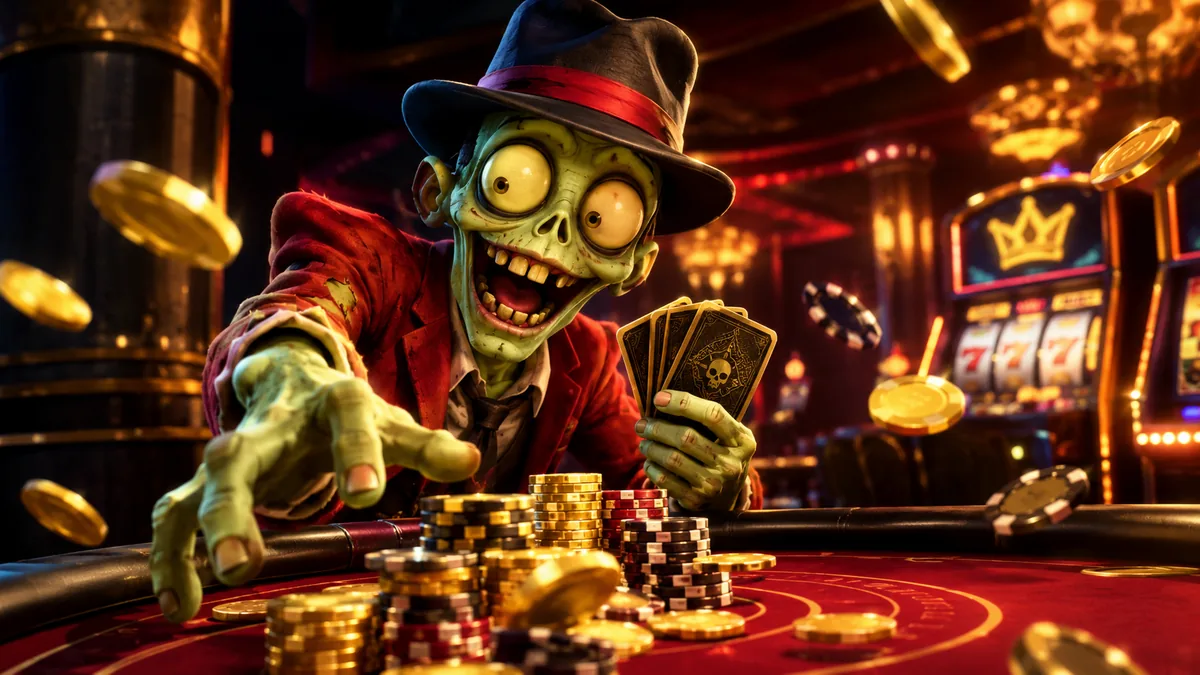 Zombillion zombie card player at a red casino table