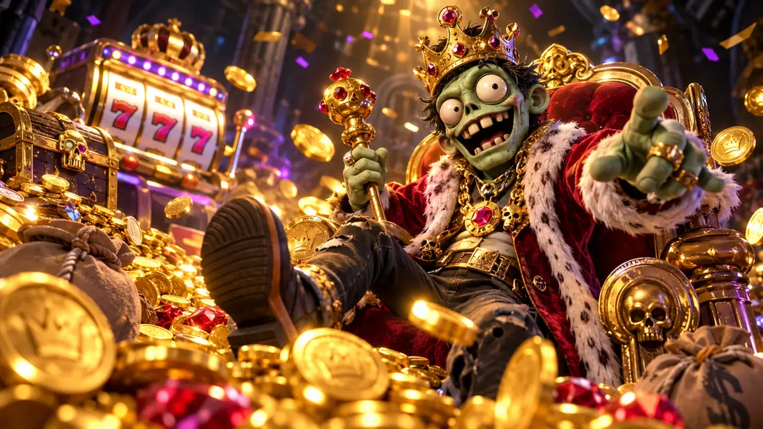 Zombillion zombie king on a golden throne surrounded by coins