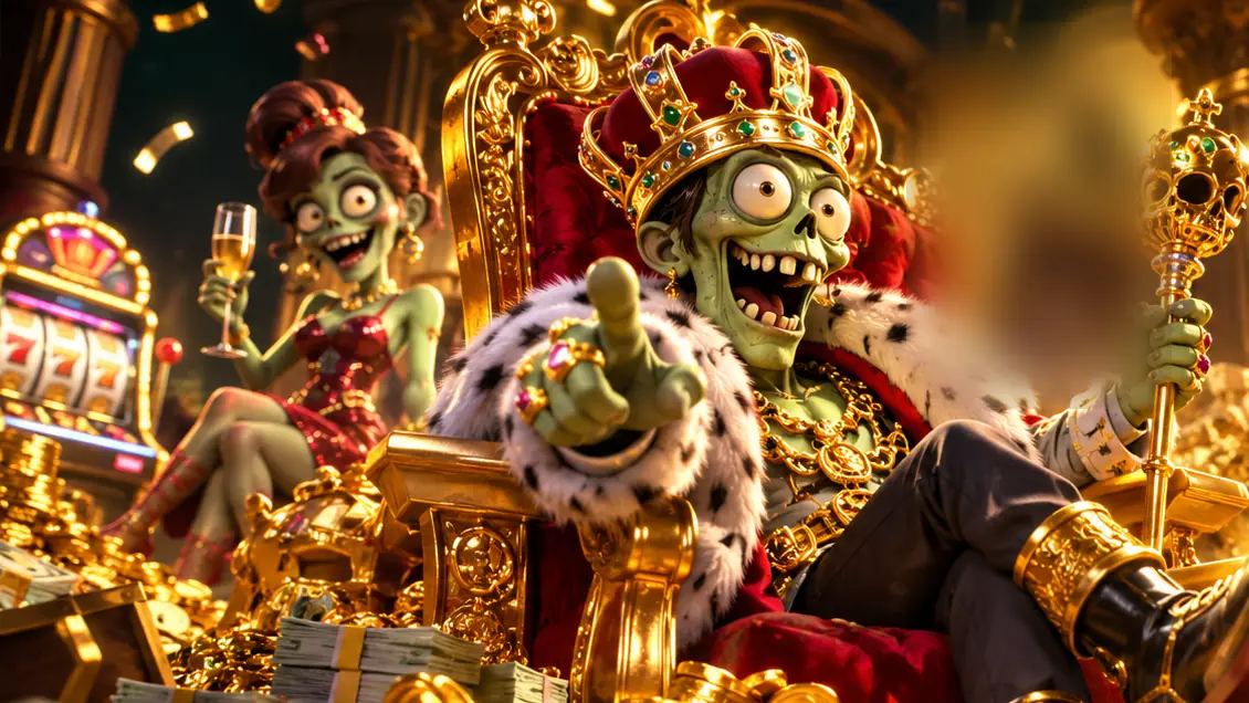 Zombillion zombie king on a throne surrounded by cash and gold coins