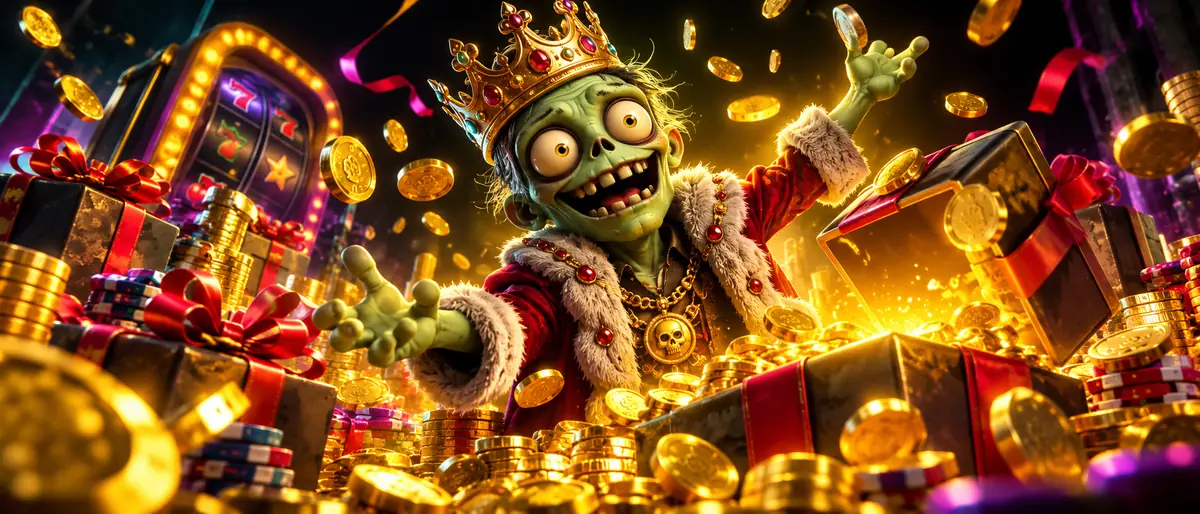 Zombillion zombie king celebrating among gifts and coins